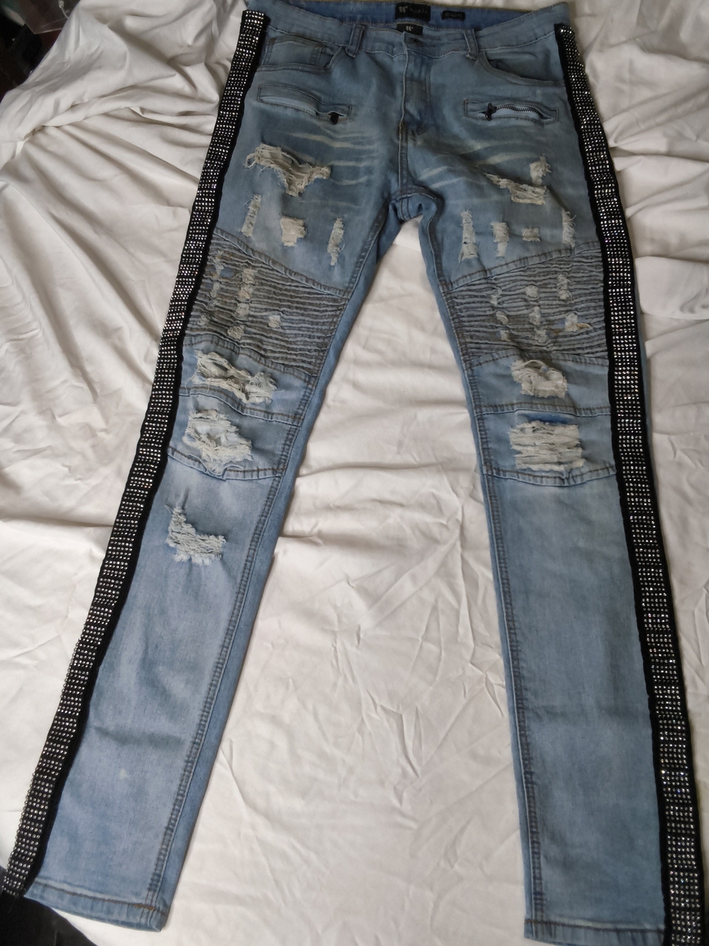 Light Blue Distressed Skinny Jeans with Black Studded Side Stripe - Men
